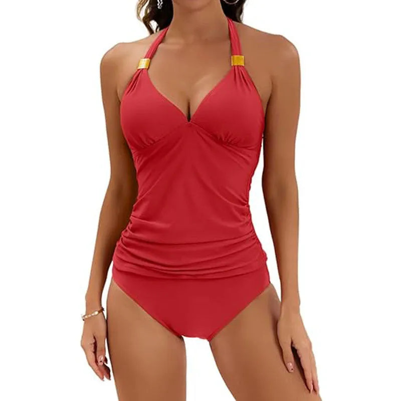 Women's halter neck two-piece swimsuit in solid colour with adjustable tie fastenings.
