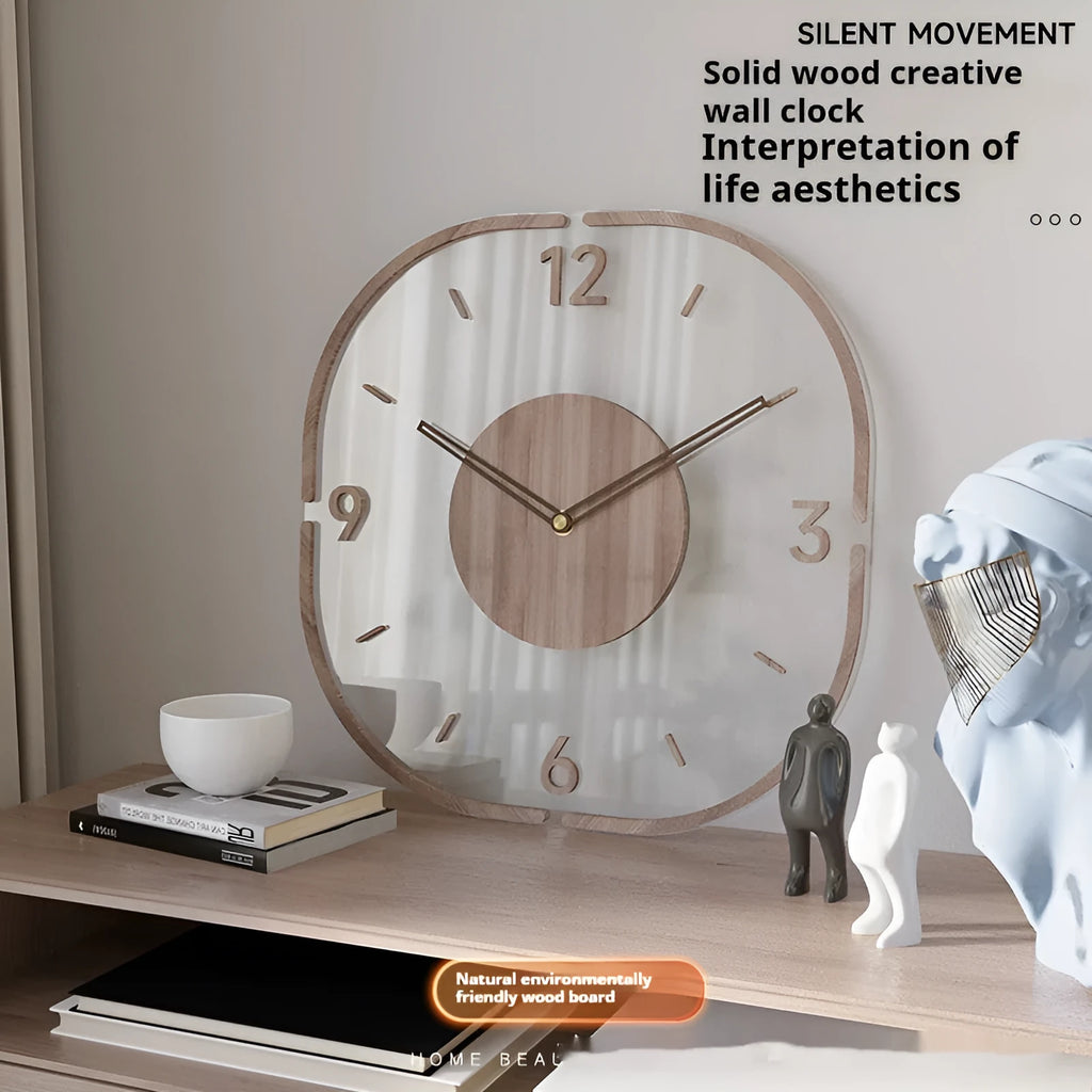 Modern square transparent wooden frame wall clock on a wall, showing visible mechanical movement inside.