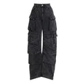 Women's blue tie-dyed high-waist wide-leg jeans with multiple pockets on a neutral background