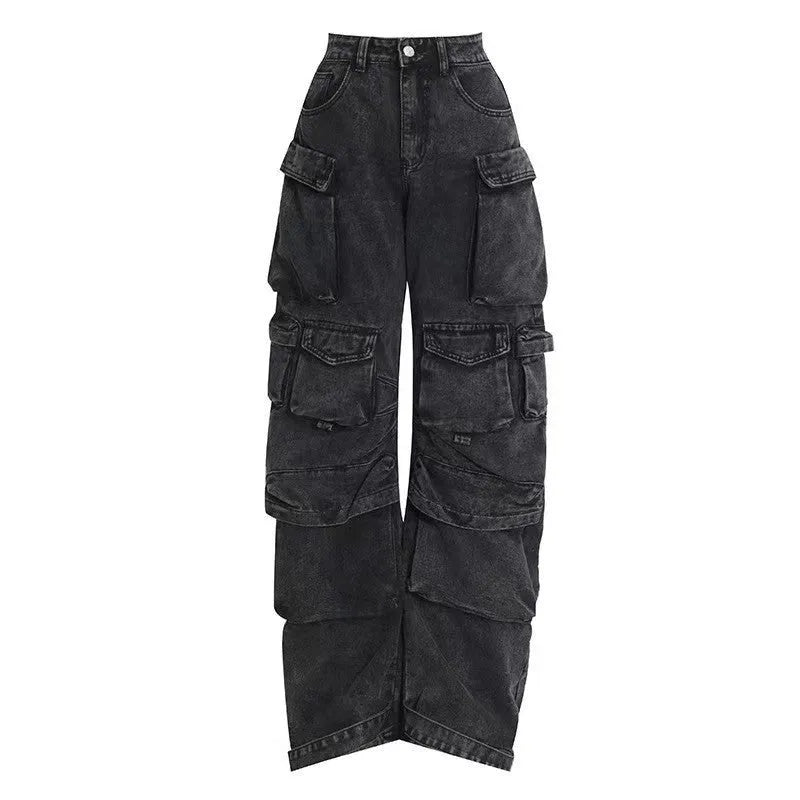 Women's blue tie-dyed high-waist wide-leg jeans with multiple pockets on a neutral background