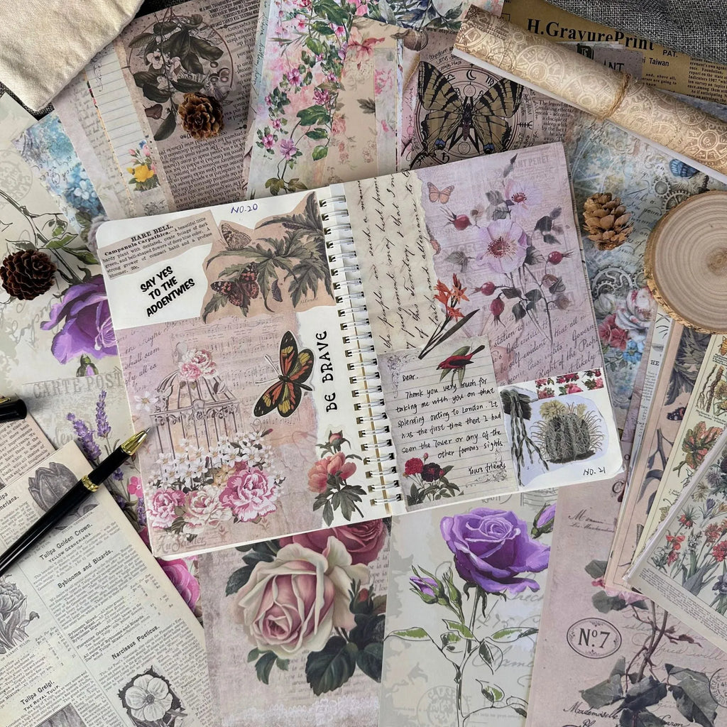 30-piece retro scrapbook paper set showing floral, botanical, musical, and handwritten letter designs for diary decoration