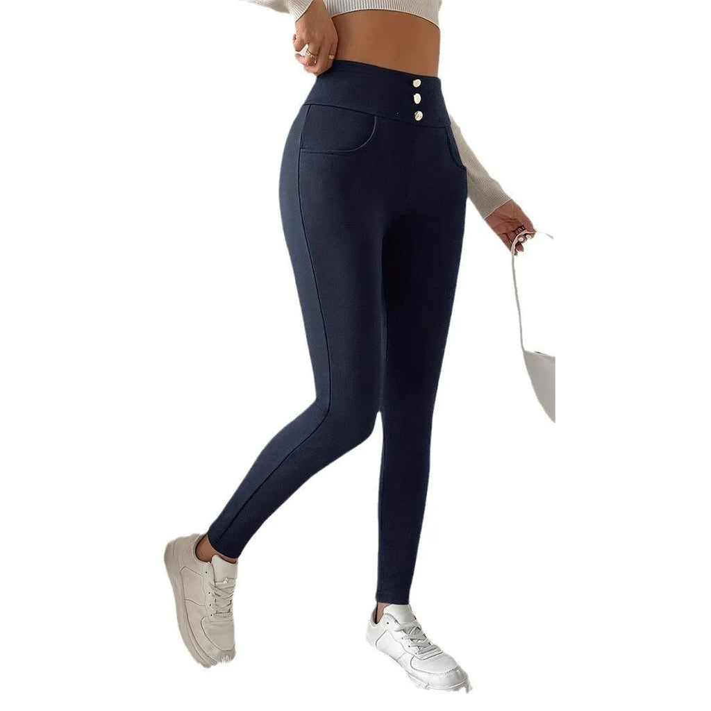 Navy blue women's casual trousers with high waist and straight leg fit