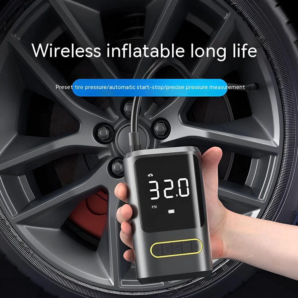 Handheld wireless digital car air pump with display screen, lithium battery power and multiple air nozzles