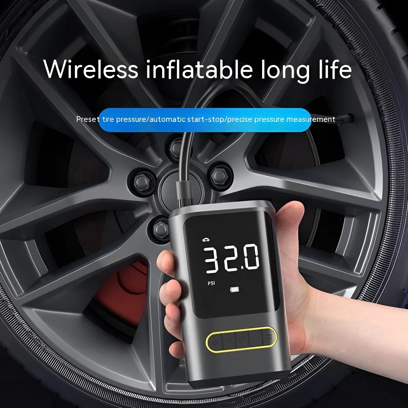 Handheld wireless digital car air pump with display screen, lithium battery power and multiple air nozzles