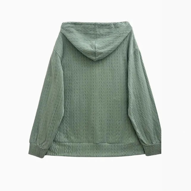 Green women's hooded zipper coat sweater with long sleeves and loose fit