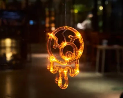 Halloween window hanging LED lights set with spider, pumpkin and ghost designs using battery power
