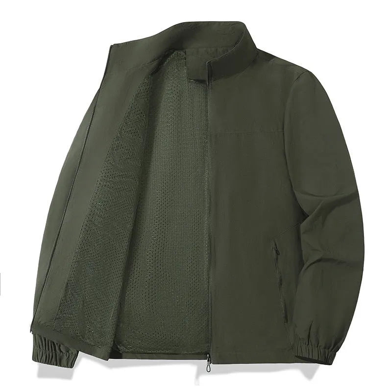 Large size men's casual jacket with stand collar and zipper, available in five colours and sizes M to 8XL