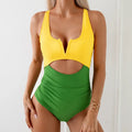Women's one-piece swimsuit with contrast colour block design in nylon fabric.
