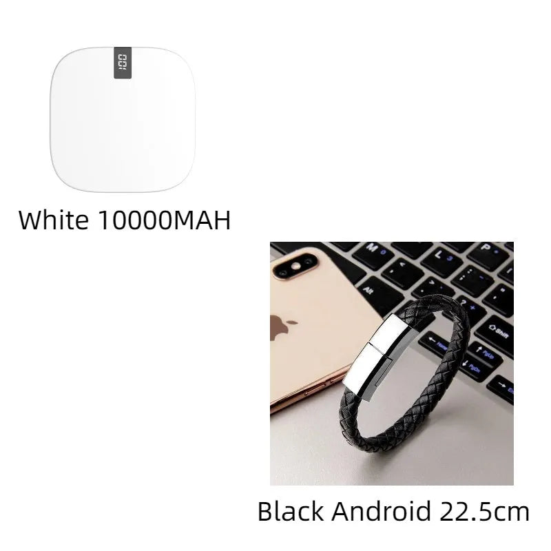 10000mAh mini power bank with LCD display, dual USB ports, and fast input, in red, white, or black.