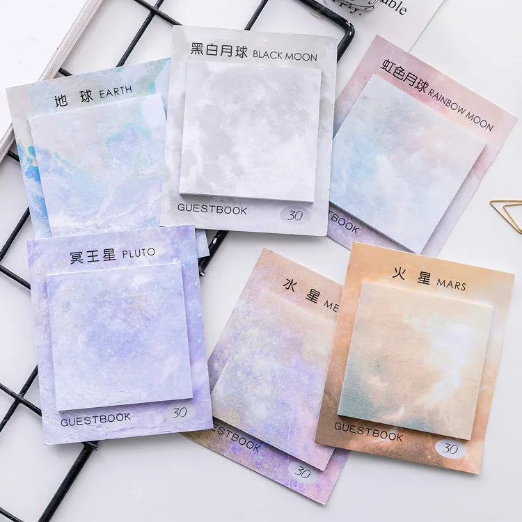 Square planet-themed sticky notes notepad with oil painting designs measuring 7.3cm