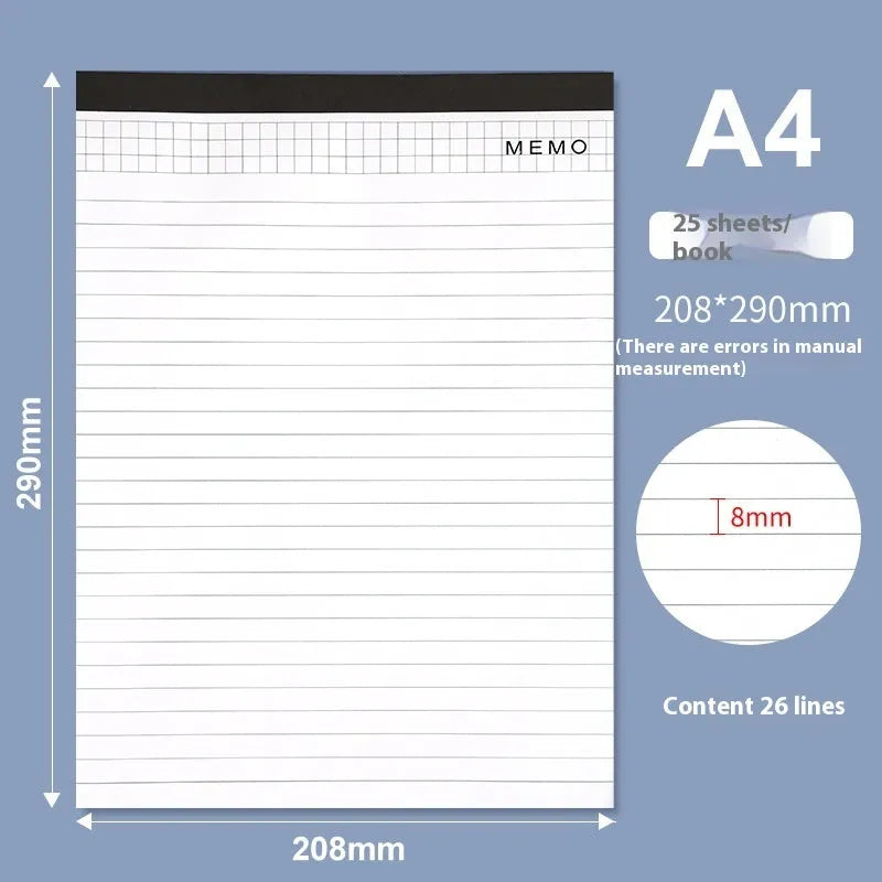 A4 tearable notebook with grid-lined pages and paper cover, showing adhesive binding.