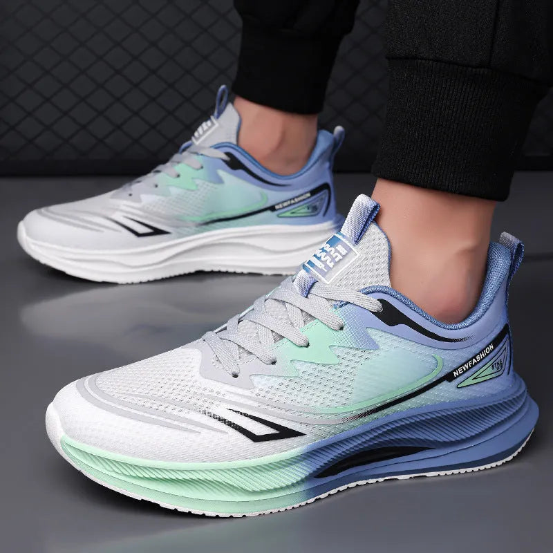 Men's low-top casual shoes in woven mesh with a rubber sole, shown in solid colours.