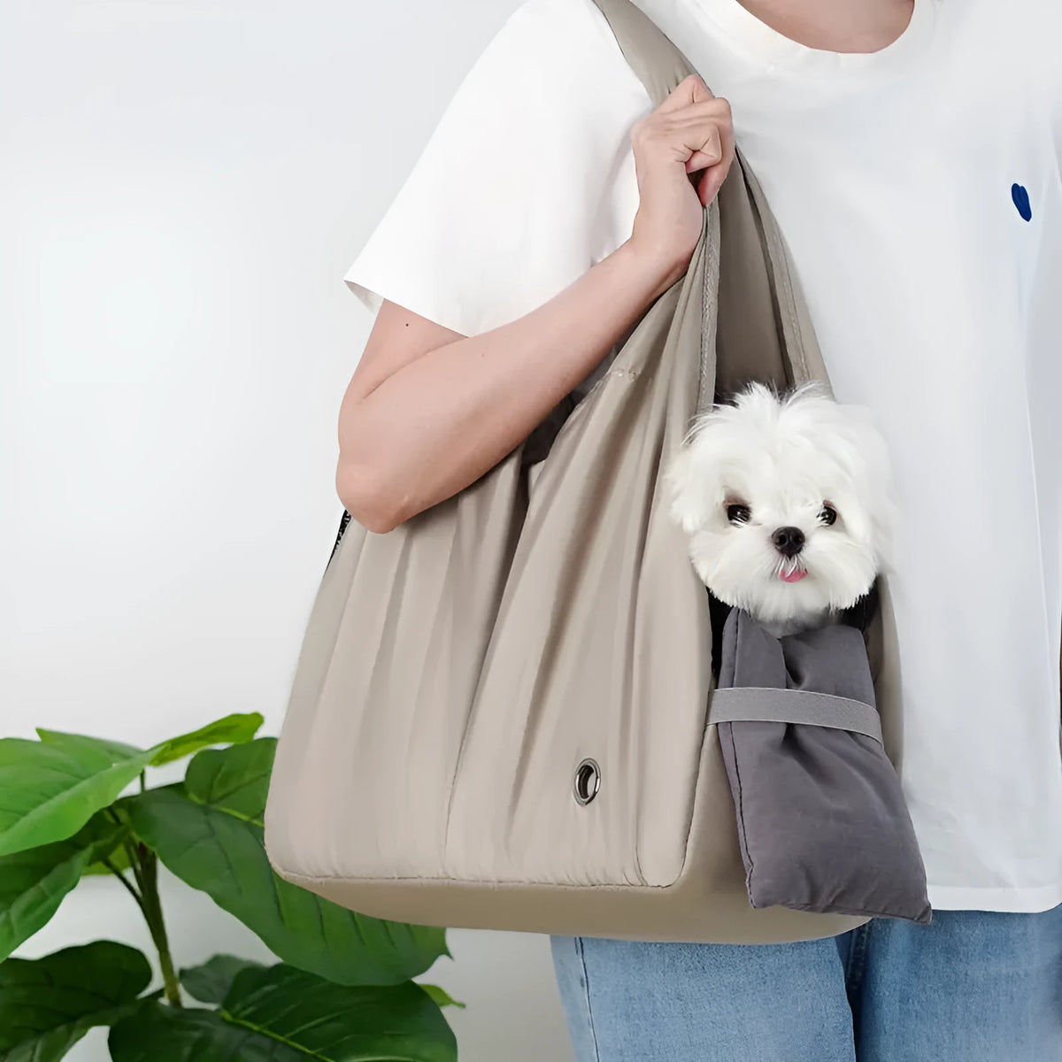 Apricot cloth pet carrier handbag showing 41x16x28cm dimensions and carrying handles