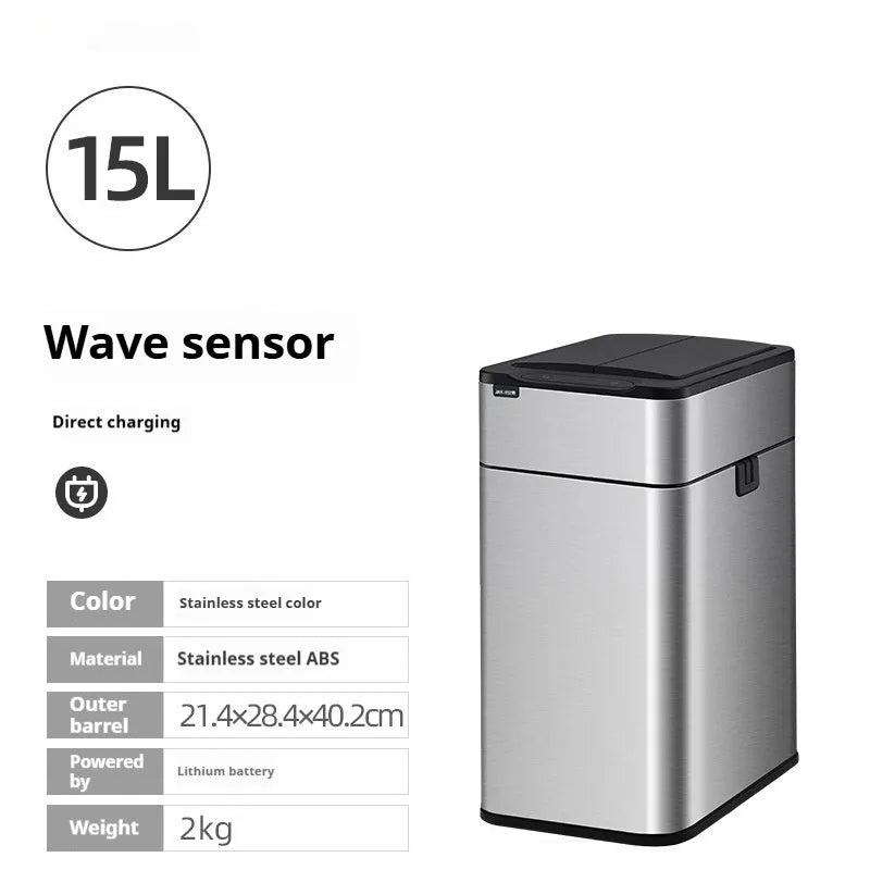 Stainless steel inductive smart trash can with square bucket design and sensor lid.