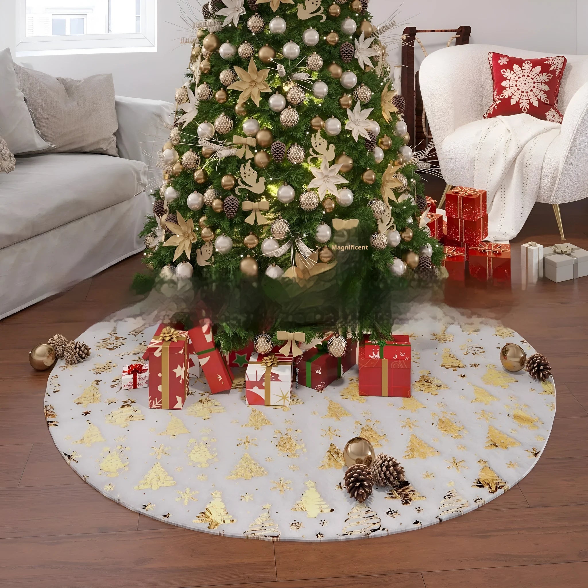 Gilding snowflake design on a plush Christmas tree style rug in multiple size options.