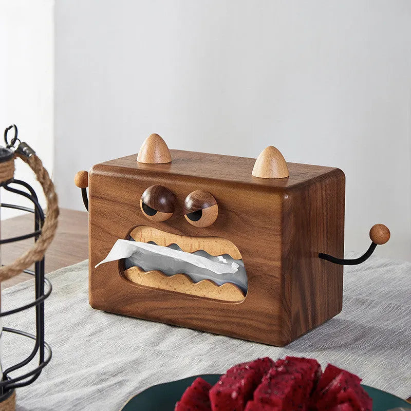 Little Monster cartoon wooden tissue box in walnut beech colour measuring 190mm wide