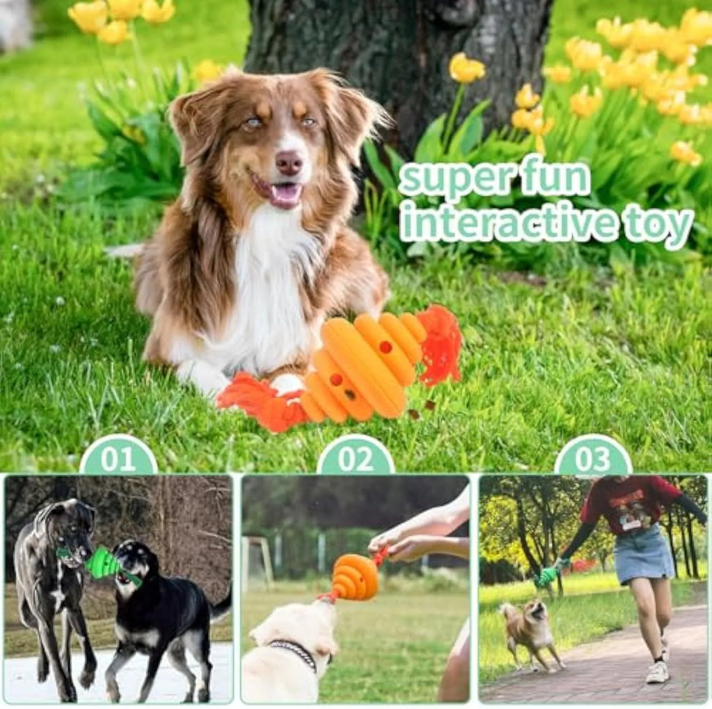 Green and yellow silicone dog ball with knotted rope, a treat-dispensing toy for large dogs.