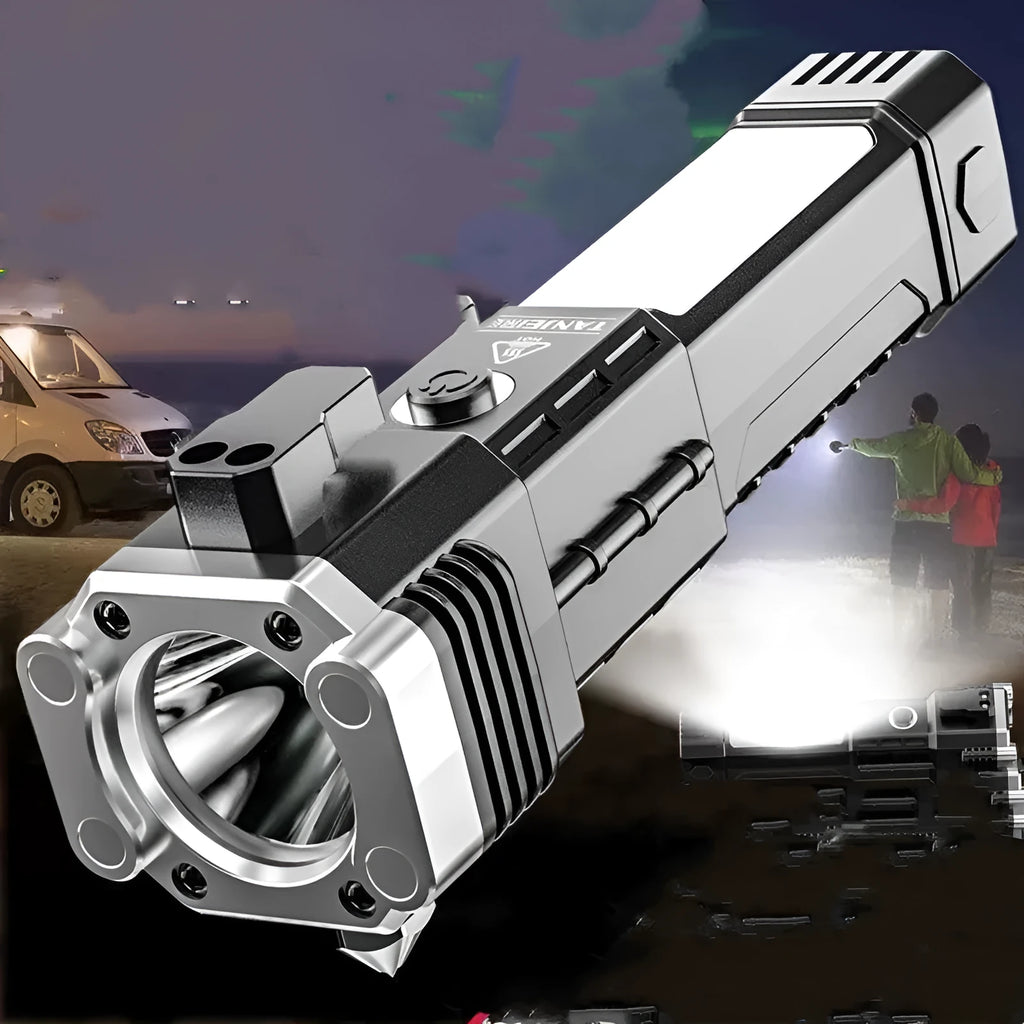 Silver plastic LED emergency flashlight with integrated power bank function.