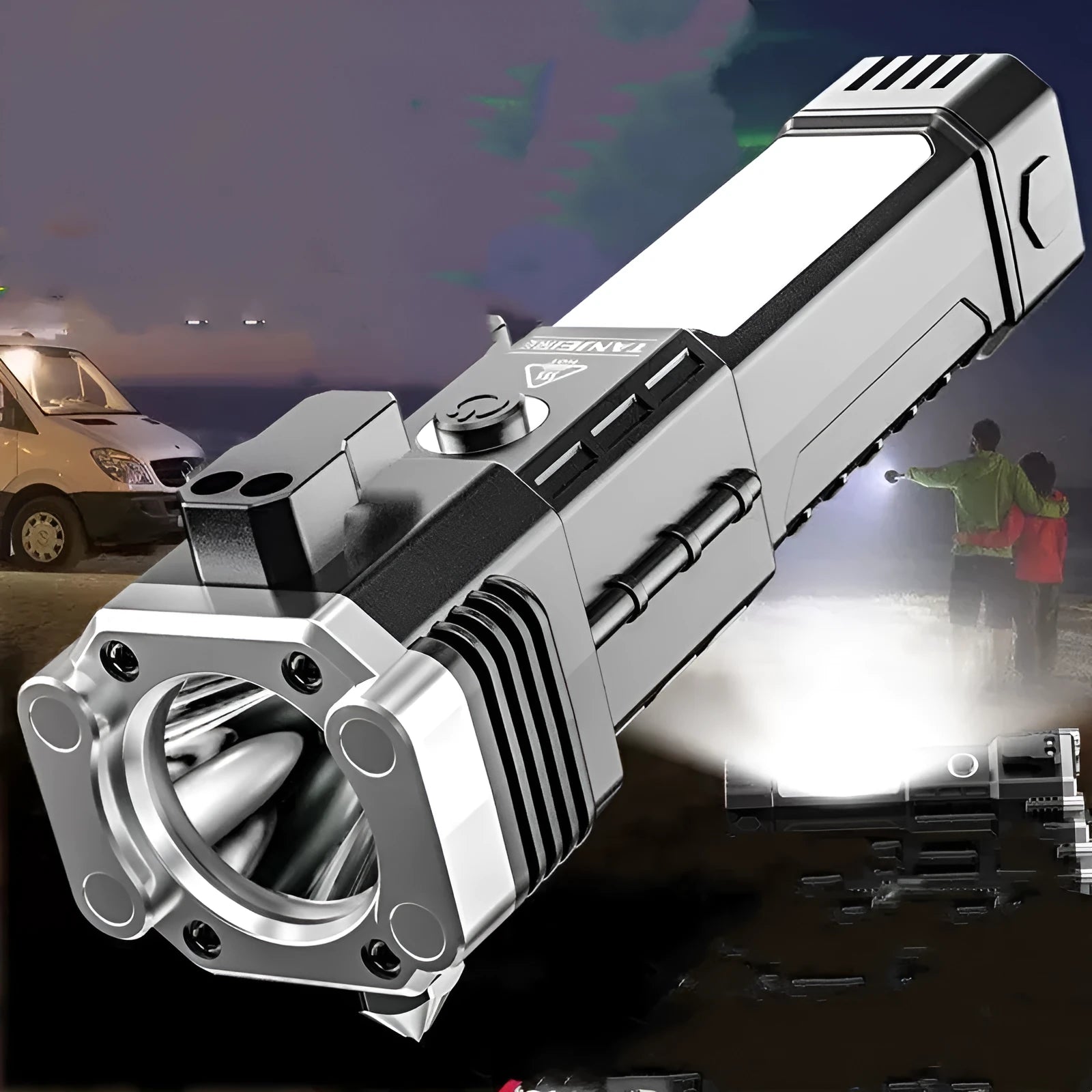 Silver plastic LED emergency flashlight with integrated power bank function.