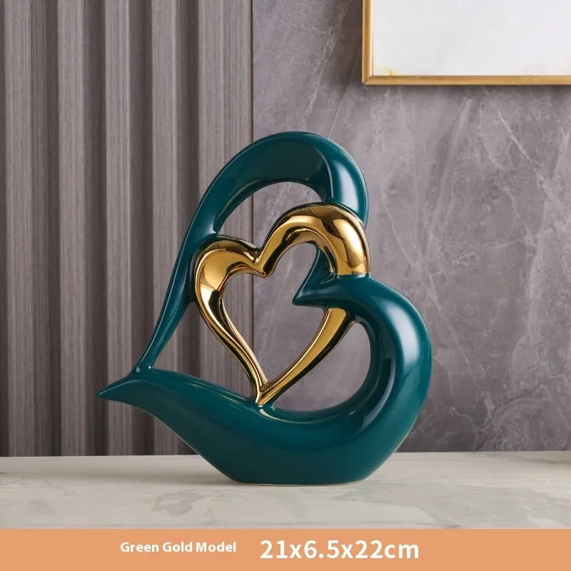 White porcelain heart ornament with geometric design in metallic colour finish