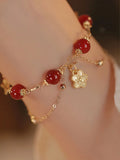 Red agate double layer bracelet with floral and peach blossom decorative elements for women's ethnic jewellery