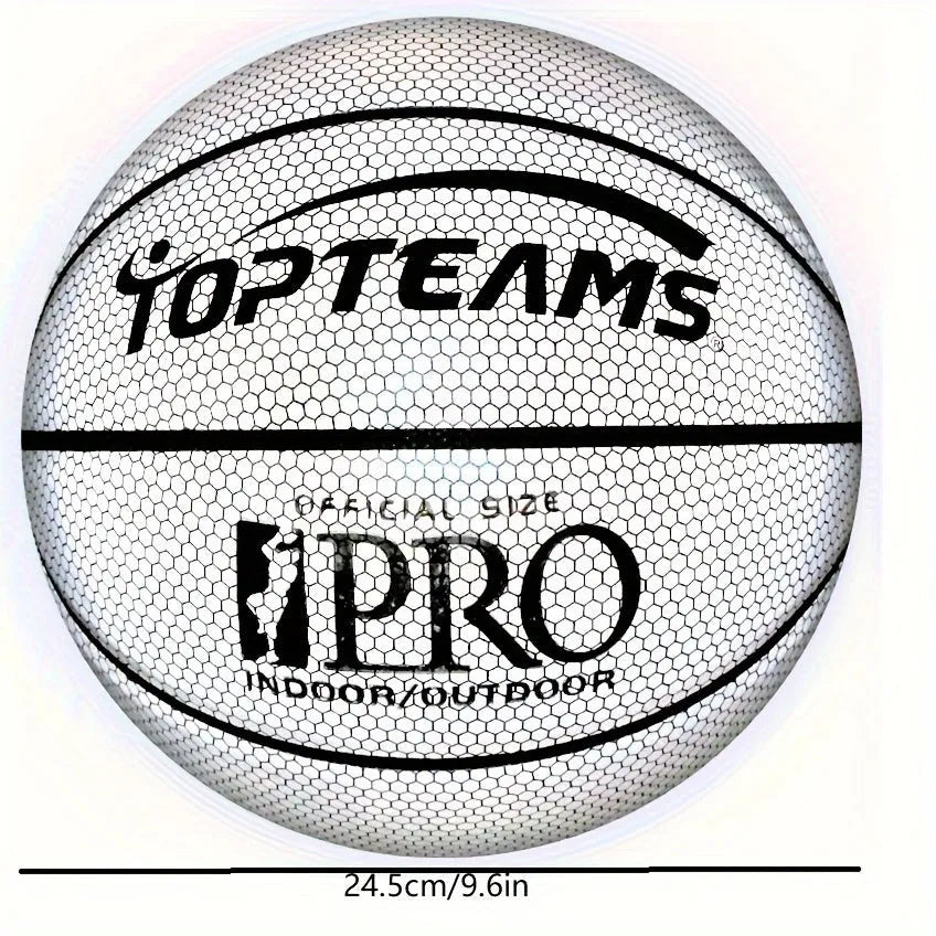 Size 7 holographic reflective basketball in chroma colour on a dark background.