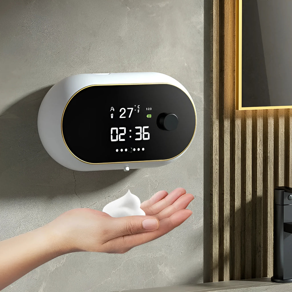 White automatic wall-mounted foam soap dispenser with USB cable