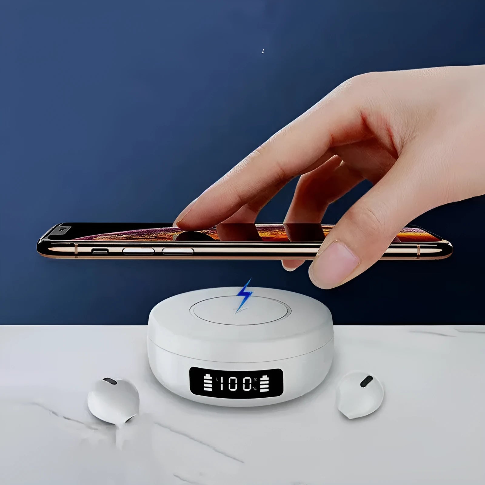 Mini semi-in-ear wireless Bluetooth earphones with wireless charging case in black, white, and colour options