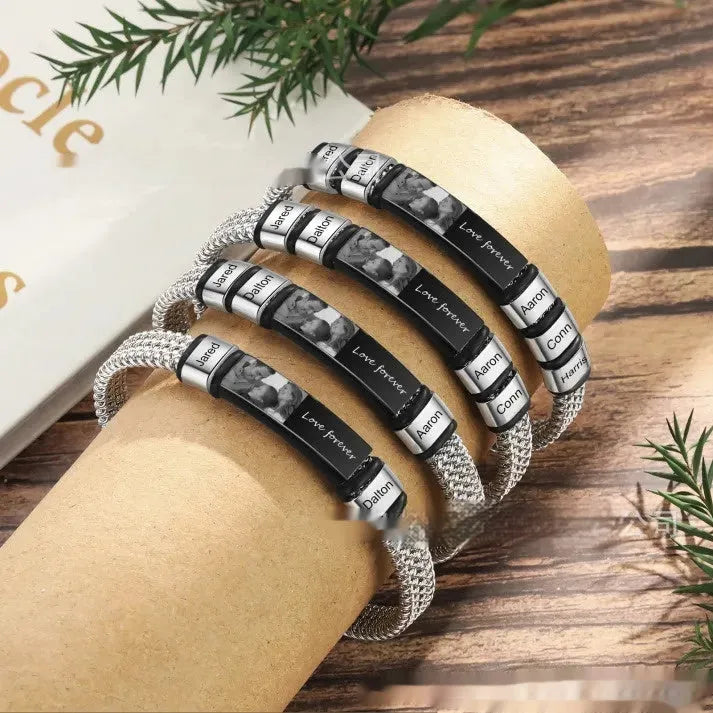 Unisex titanium steel bracelet with heart-shaped lettering bead and leather rope in gift box