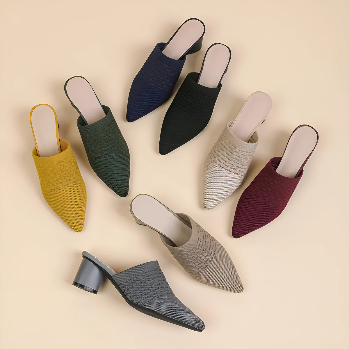 Women's pointed toe sandals with toe cap design, 5cm chunky heel, fabric upper in fishing line colours