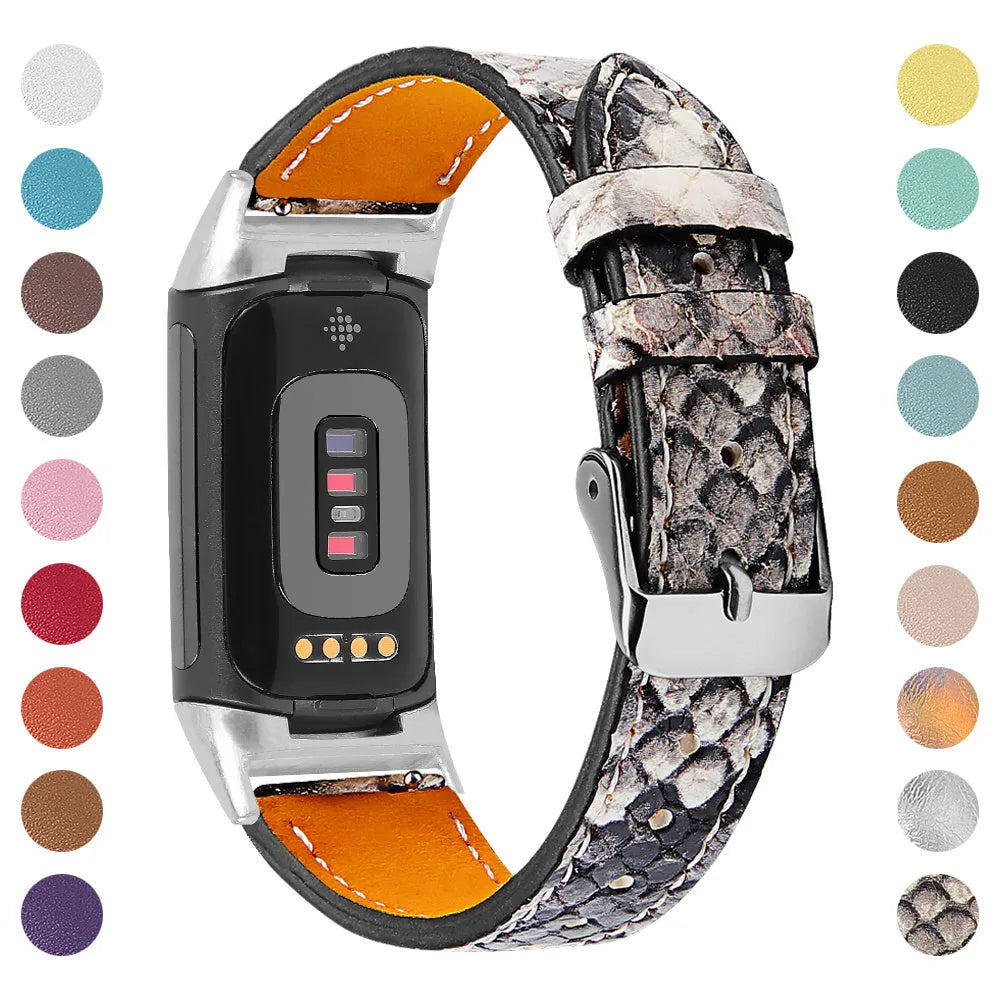 Genuine cowhide leather replacement strap with buckle clasp for Fitbit Charge 5 and Charge 6 smartwatches.