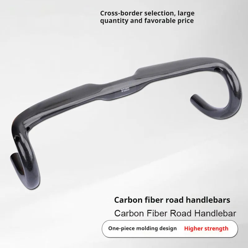 Carbon fibre road bicycle drop handlebar in black grey silver, shown in 400mm, 420mm, and 440mm width options.