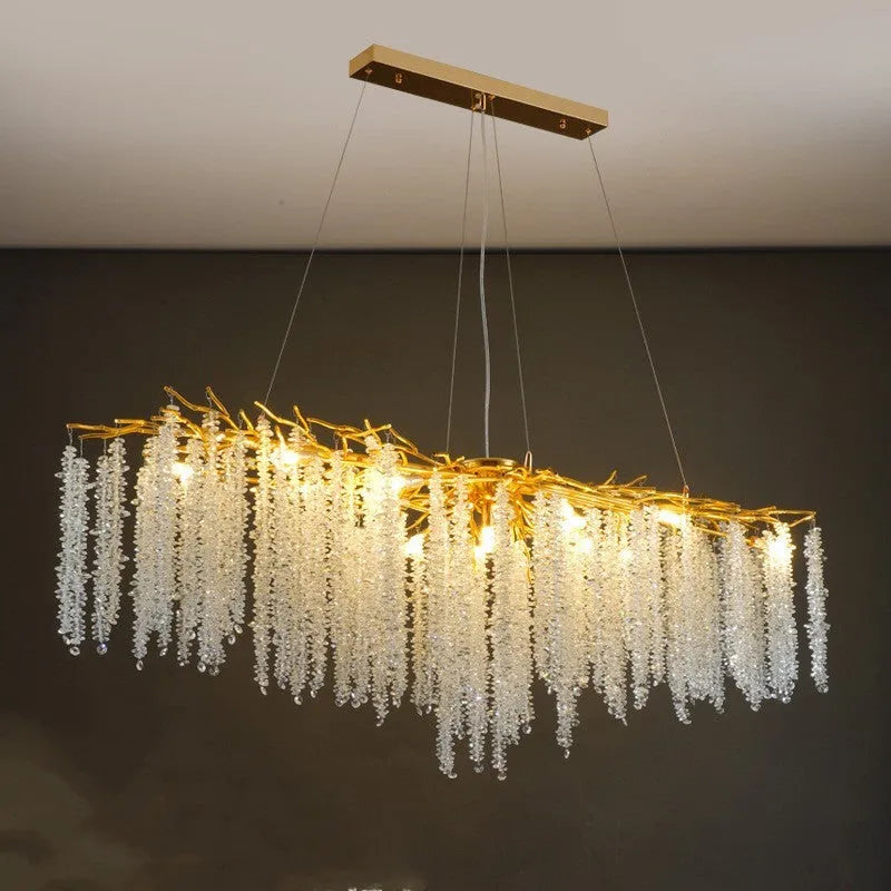 Crystal chandelier light with adjustable height, shown in a light luxury style with aluminium alloy body.