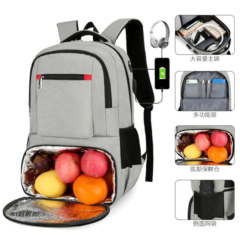 Light grey Oxford cloth picnic backpack with curved shoulder straps showing insulated compartments