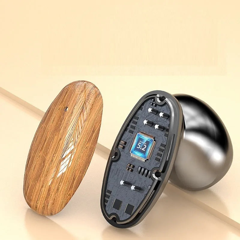 M35 wood grain Bluetooth wireless earbuds with charging case on wood background