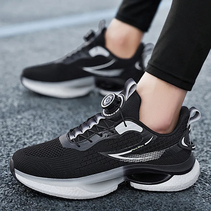 Korean style low-top sports shoes with rotating button buckle on Fly-kit mesh upper