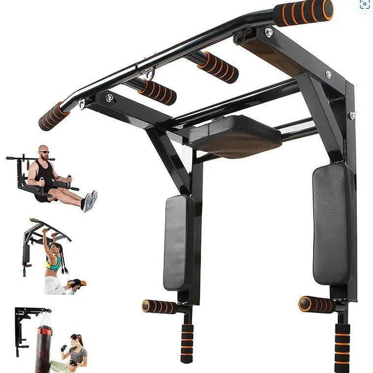 Black steel wall-mounted fitness rack with parallel bars and a sandbag hook.