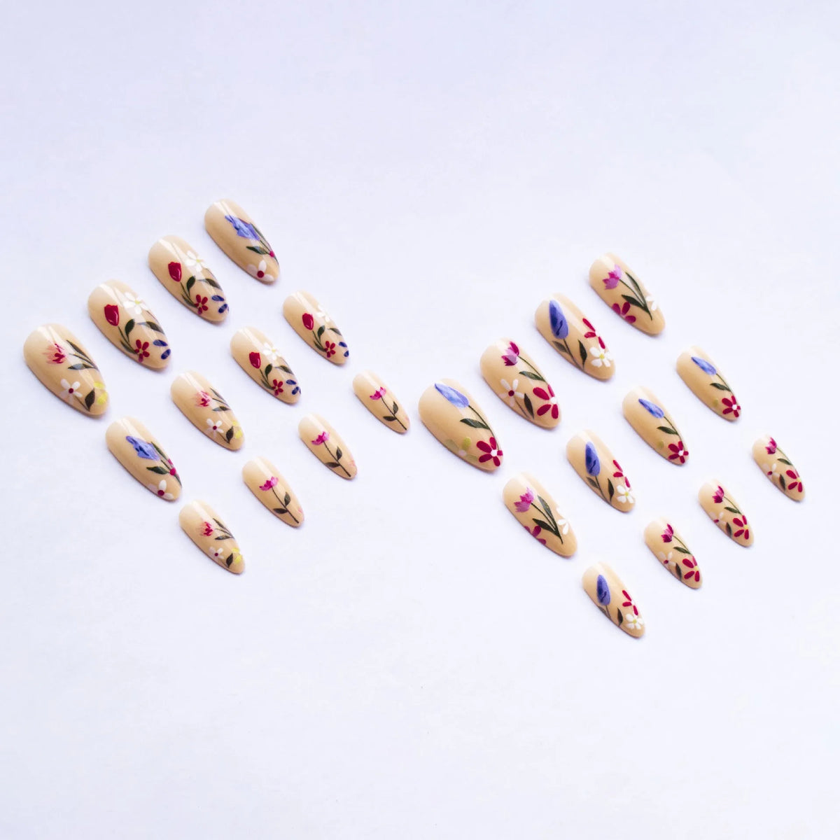 Removable flower armour nail art set with almond shapes and floral patterns
