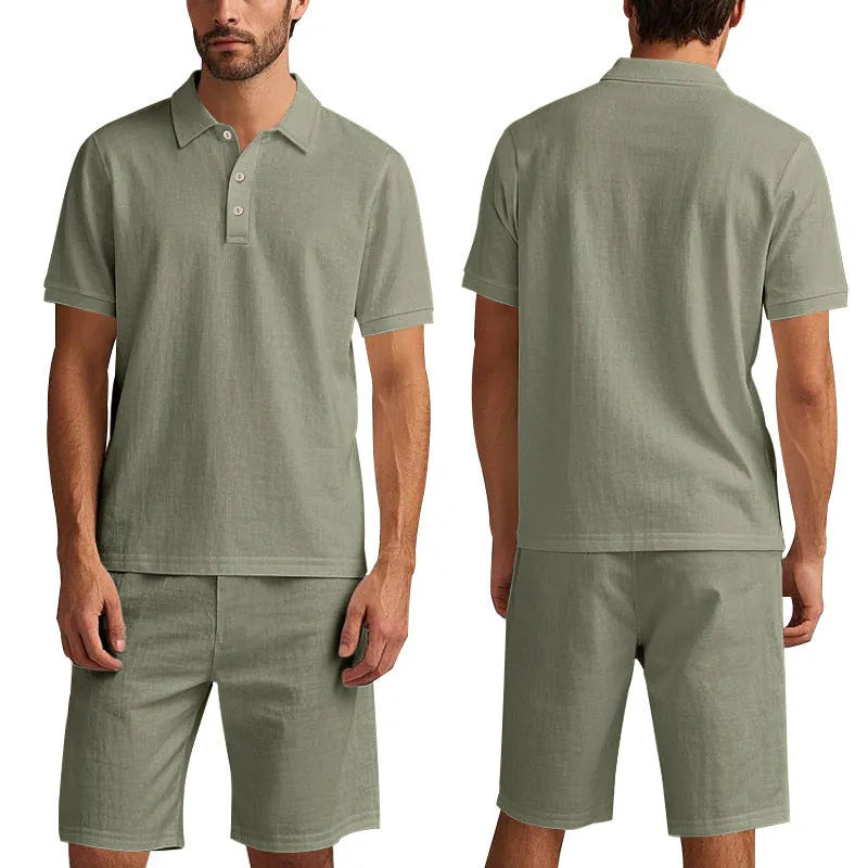 Men's loose fit apricot linen blend short sleeve shirt and shorts set for summer