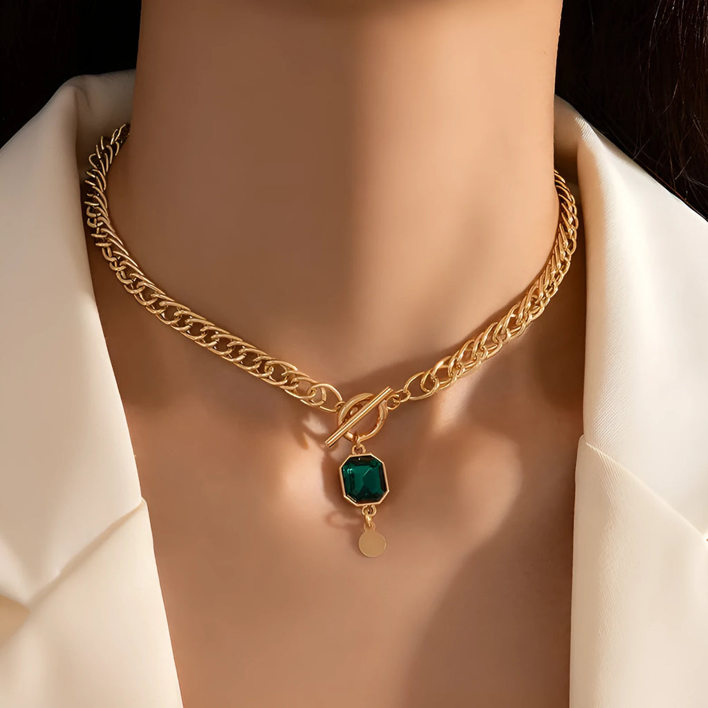 Gold titanium steel French retro necklace with emerald zircon geometric pendant on Cuban link chain