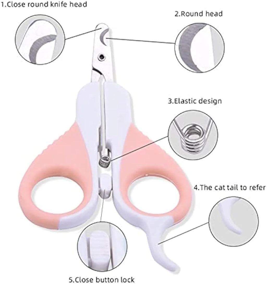 Grey and pink cat nail clippers with a safety lock and angled stainless steel blade on a non-slip rubber handle.