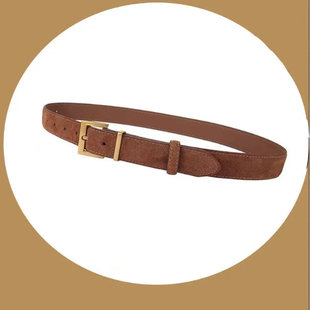 Ladies' leather pin buckle belt in black, caramel, dark brown, or light brown with quadrilateral alloy buckle