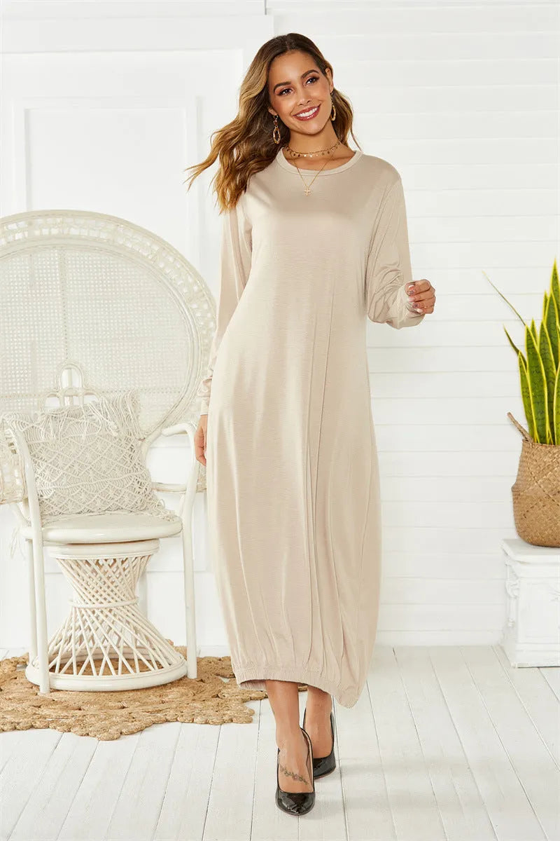 Black and grey lace-up crew neck loose long lantern dress made of knitted polyester in Japanese casual style