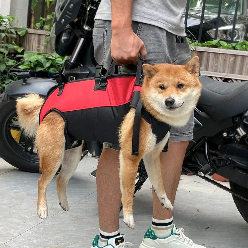 Multifunctional soft Oxford cloth pet backpack in black and red, shown as an adjustable airborne walking stretcher carrier.