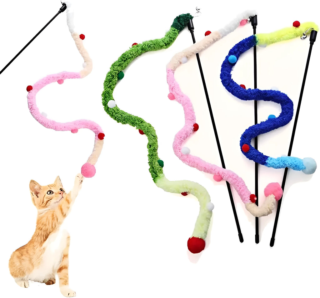 Colourful cat wand toy with plush strip and bell ball on 41cm pole