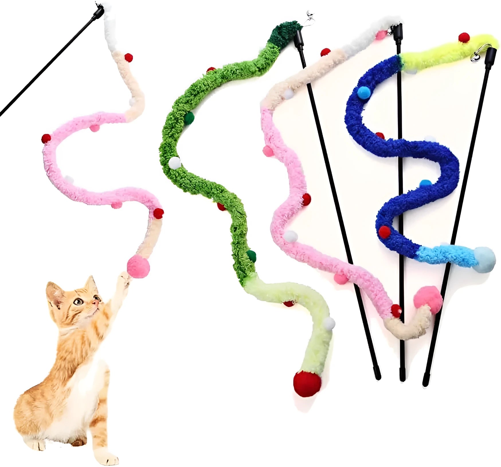 Colourful cat wand toy with plush strip and bell ball on 41cm pole