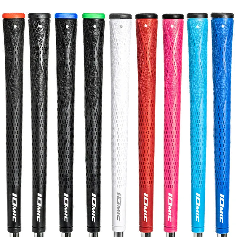 TPE material golf club grip shown in various colour options including pink, red, blue, and two-tone black.