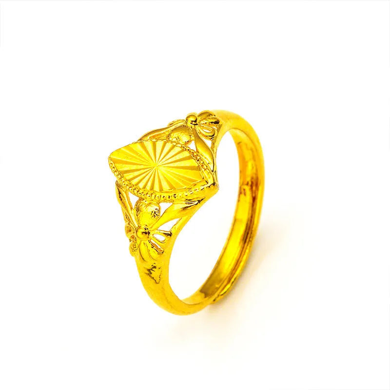 Girls' alluvial gold geometric ring with open diamond flower pattern and textured brass construction