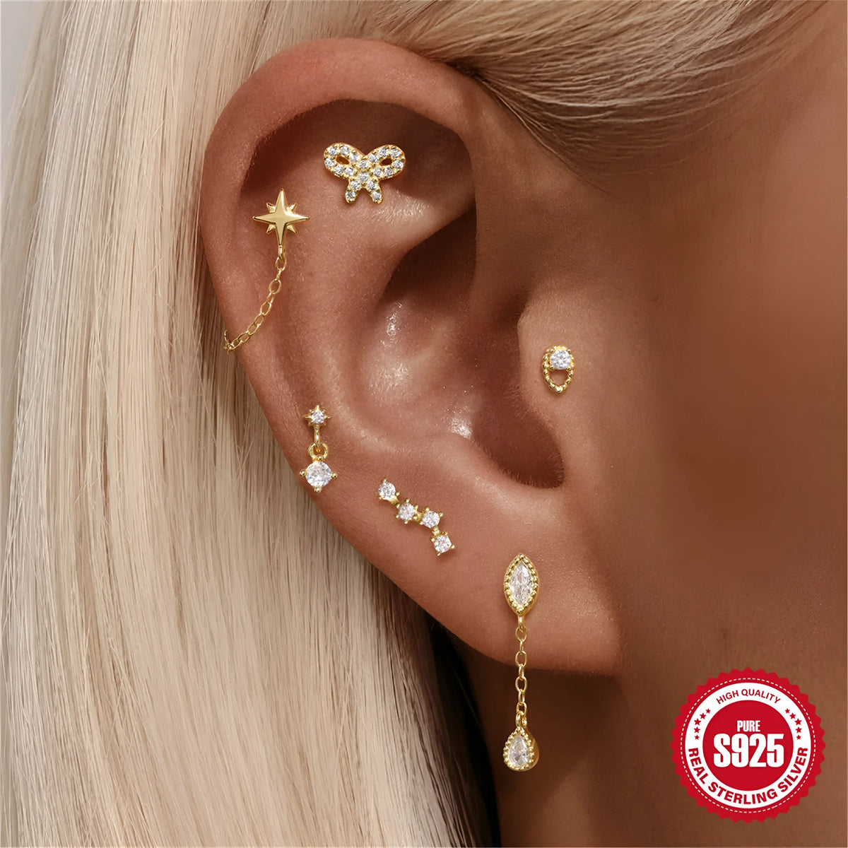 S925 sterling silver hollow lotus flower ear bone stud with rhinestones and gold-tone electroplated finish, single women's ear stud.