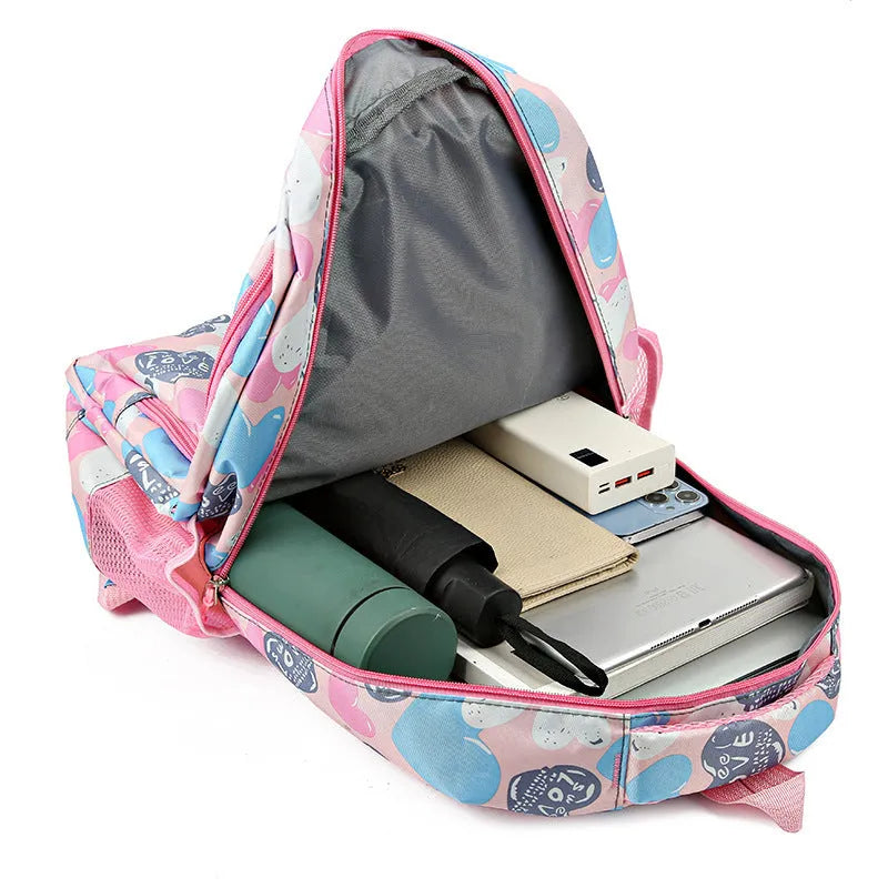 Blue student schoolbag with air pillow belt system showing Oxford cloth material and large main compartment